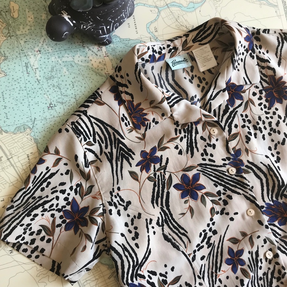 Vintage Floral and Zebra Print Blouse - Black, Blue, Cream